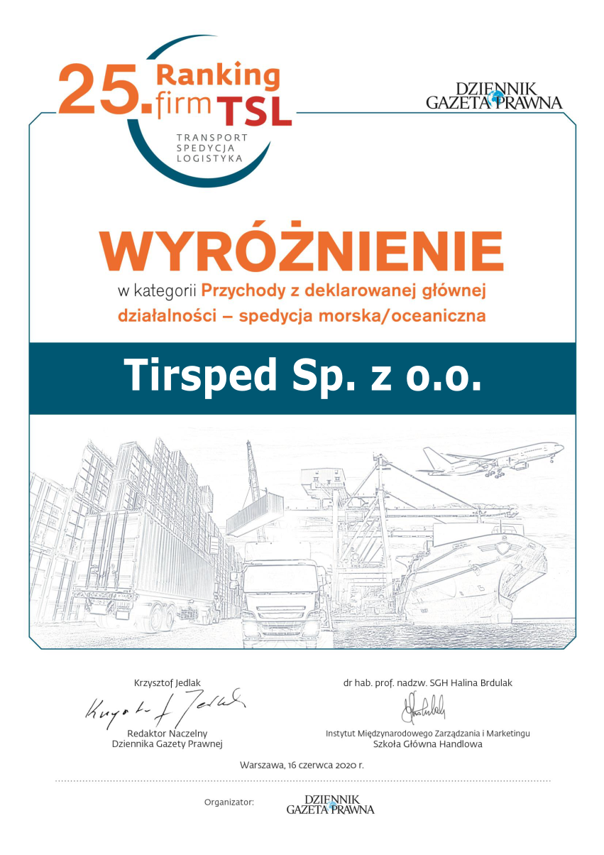 Ranking firm TSL 2020 - Dyplom dla Tirspedu